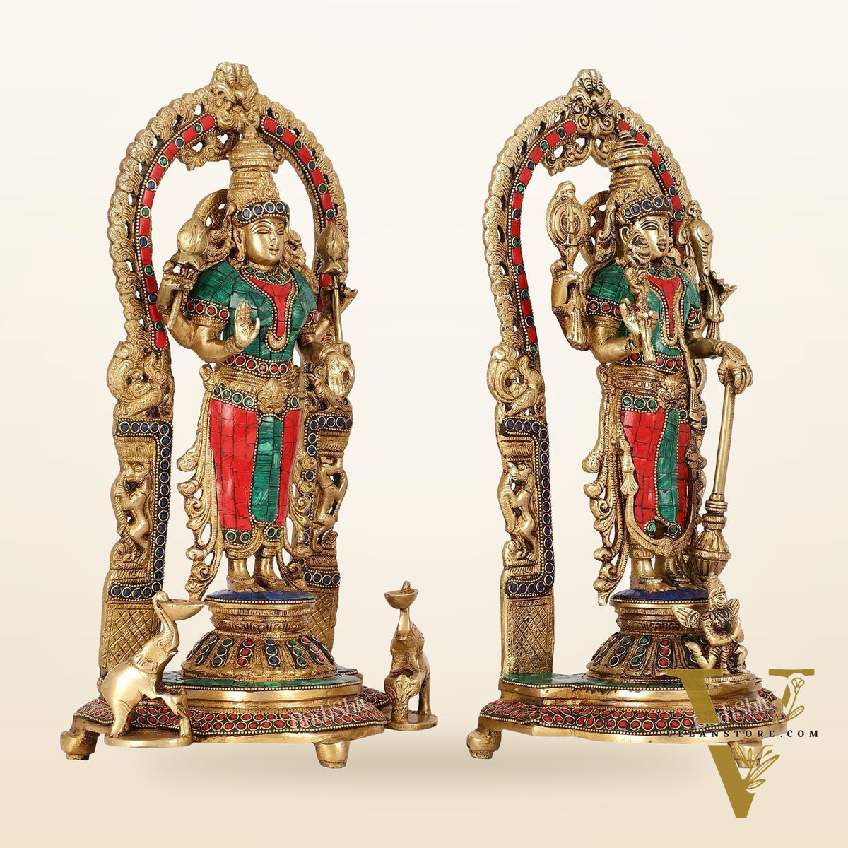 Superfine Brass Lord Vishnu & Goddess Lakshmi Idol Pair with Stonework | 16 inch