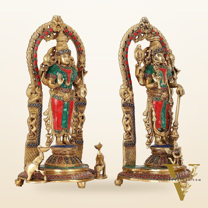 Superfine Brass Lord Vishnu & Goddess Lakshmi Idol Pair with Stonework | 16 inch