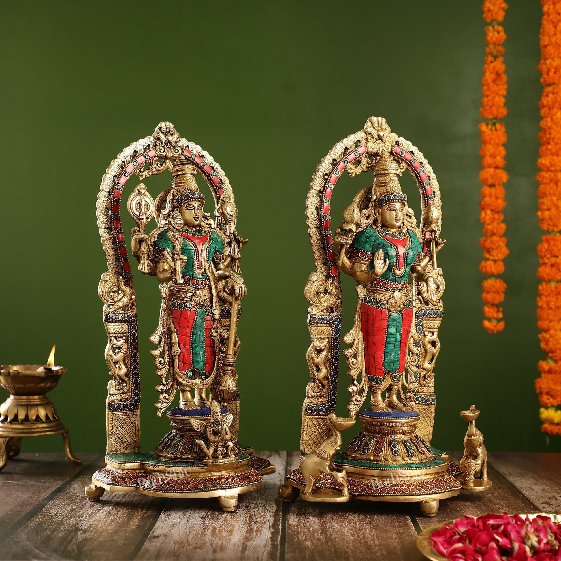 Superfine Brass Lord Vishnu & Goddess Lakshmi Idol Pair with Stonework | 16 inch