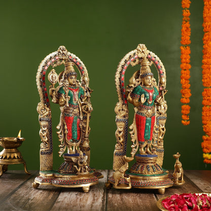 Superfine Brass Lord Vishnu & Goddess Lakshmi Idol Pair with Stonework | 16 inch