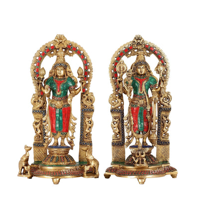 Superfine Brass Lord Vishnu & Goddess Lakshmi Idol Pair with Stonework | 16 inch