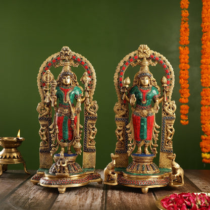 Superfine Brass Lord Vishnu & Goddess Lakshmi Idol Pair with Stonework | 16 inch