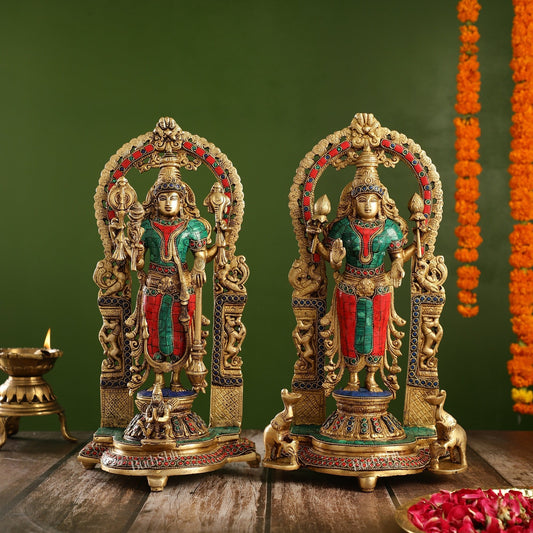 Superfine Brass Lord Vishnu & Goddess Lakshmi Idol Pair with Stonework | 16 inch