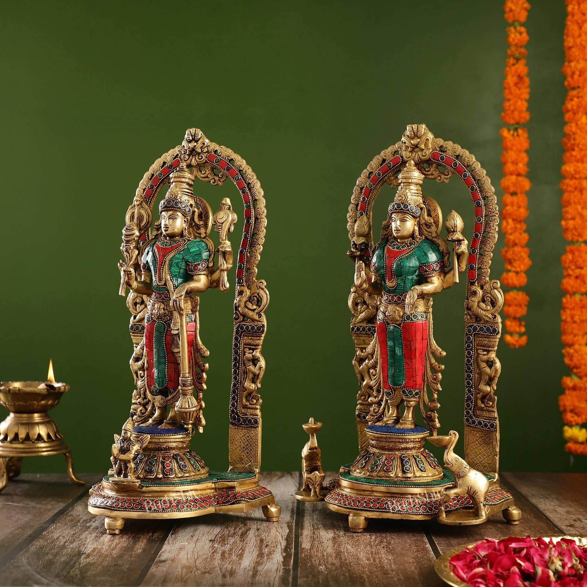 Superfine Brass Lord Vishnu & Goddess Lakshmi Idol Pair with Stonework | 16 inch