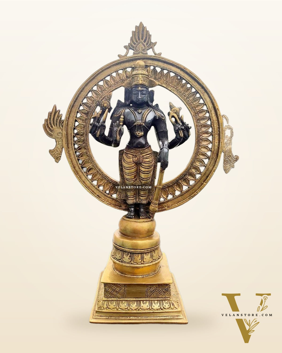 Superfine Brass Lord Vishnu Statue with Sudarshan Chakra Aura - 16.5 Inch black