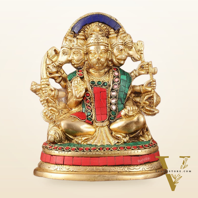 Superfine Brass Panchmukhi Hanuman Murti - 6.50" Tall with Stonework