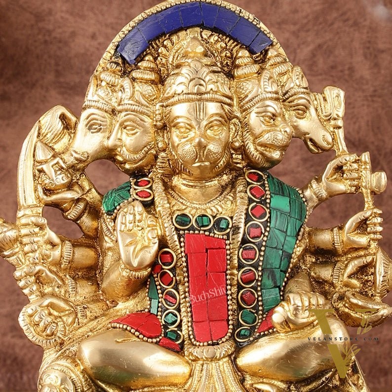 Superfine Brass Panchmukhi Hanuman Murti - 6.50" Tall with Stonework