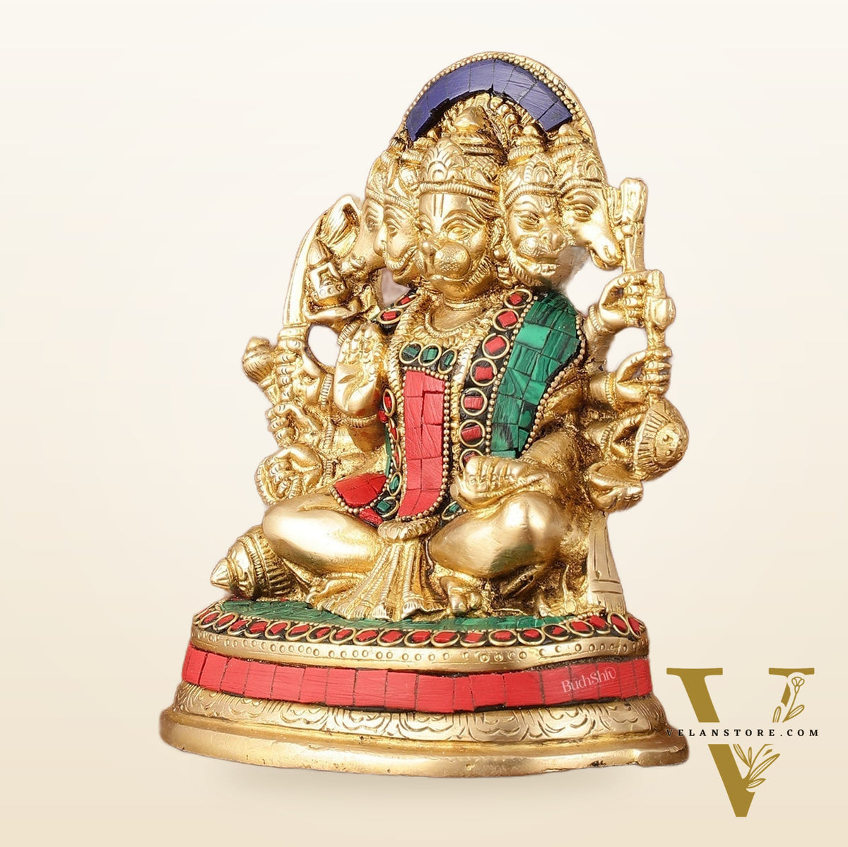 Superfine Brass Panchmukhi Hanuman Murti - 6.50" Tall with Stonework