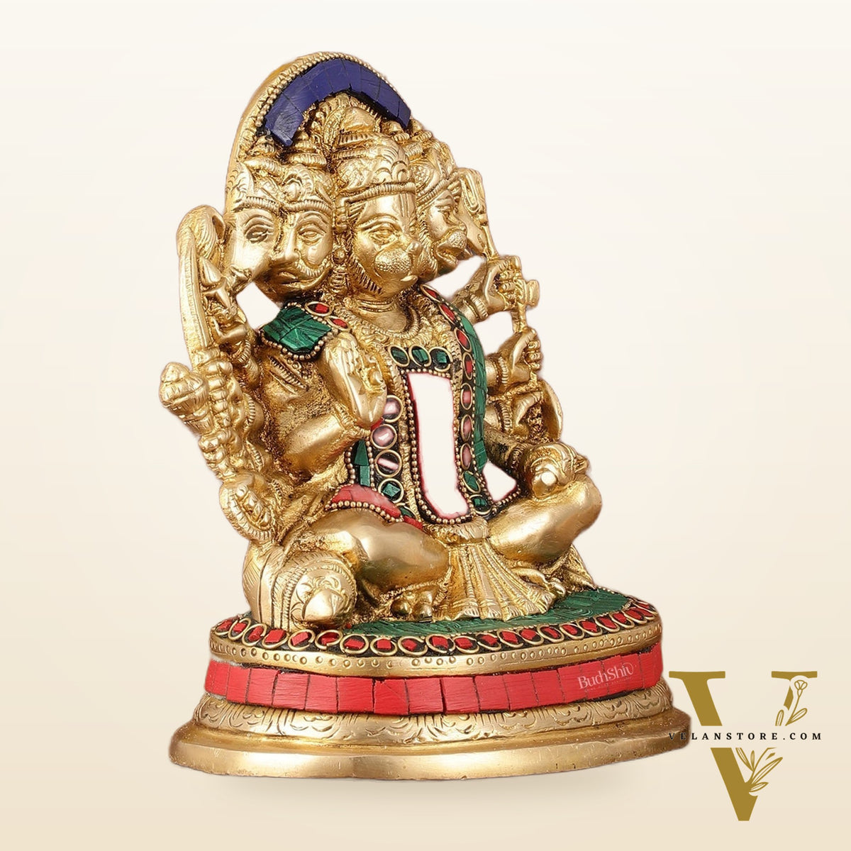 Superfine Brass Panchmukhi Hanuman Murti - 6.50" Tall with Stonework