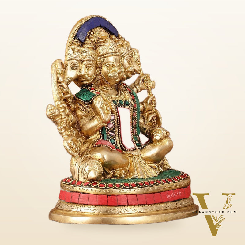 Superfine Brass Panchmukhi Hanuman Murti - 6.50" Tall with Stonework