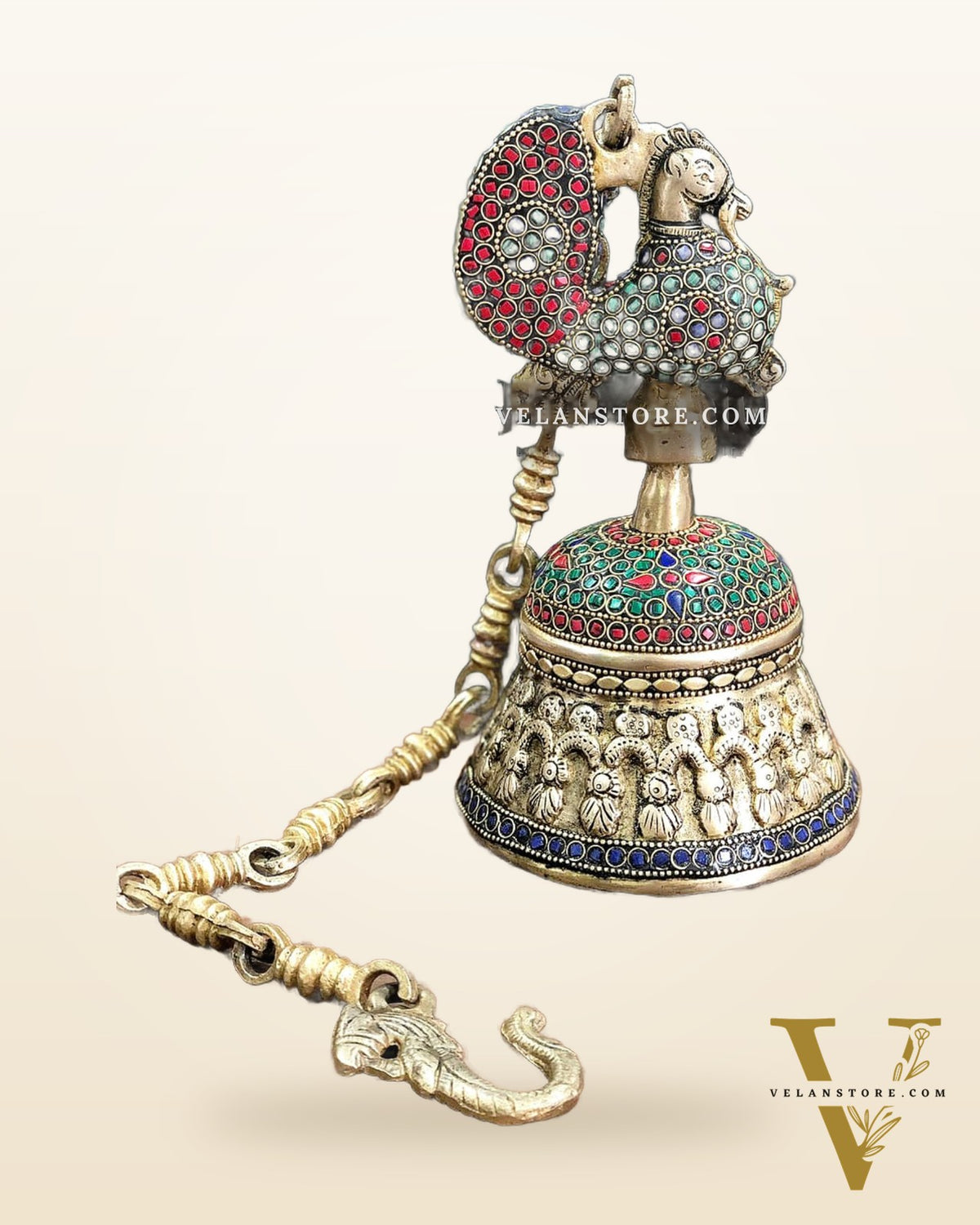 Superfine Brass Peacock Bell with Stonework | 8 inch Height