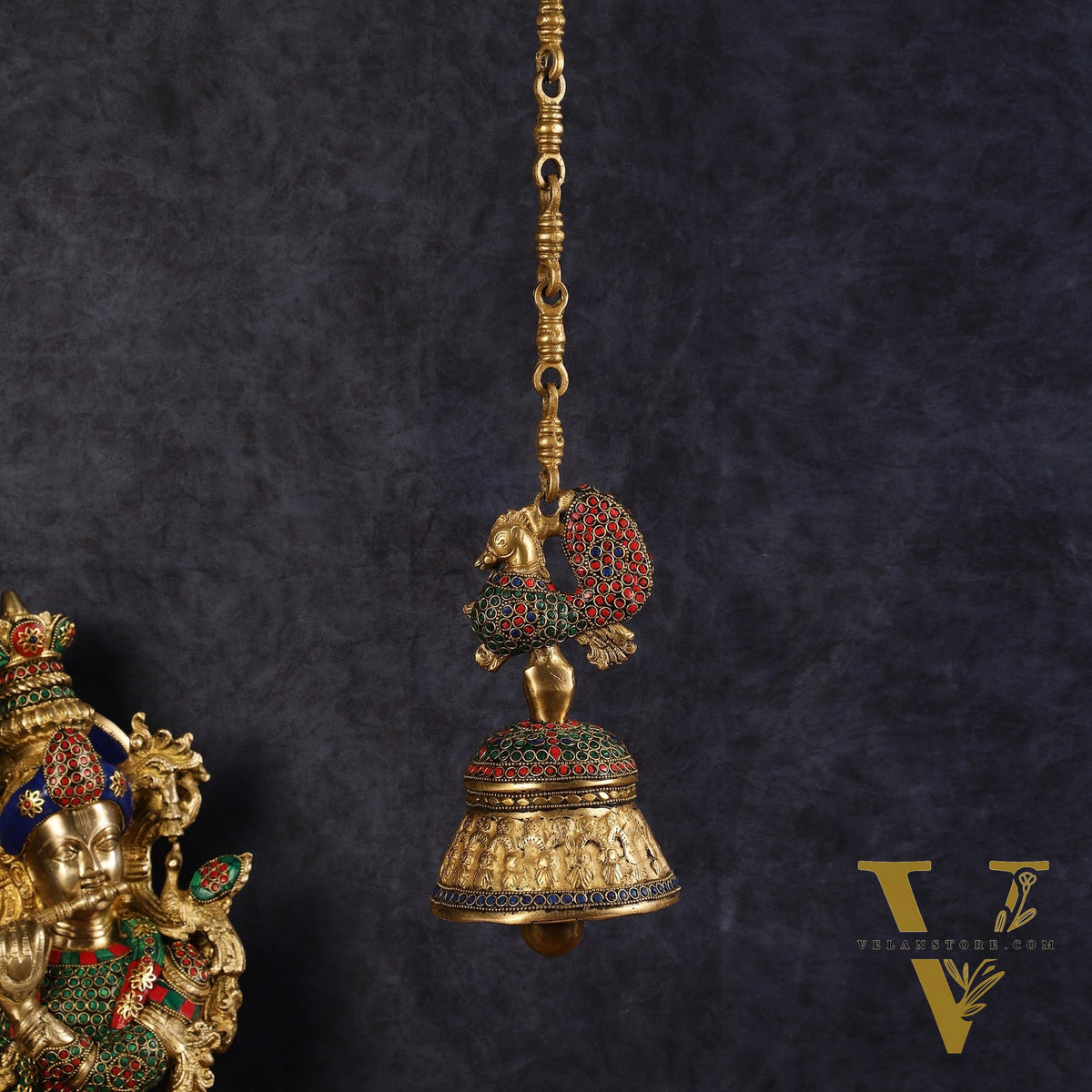 Superfine Brass Peacock Bell with Stonework | 8 inch Height
