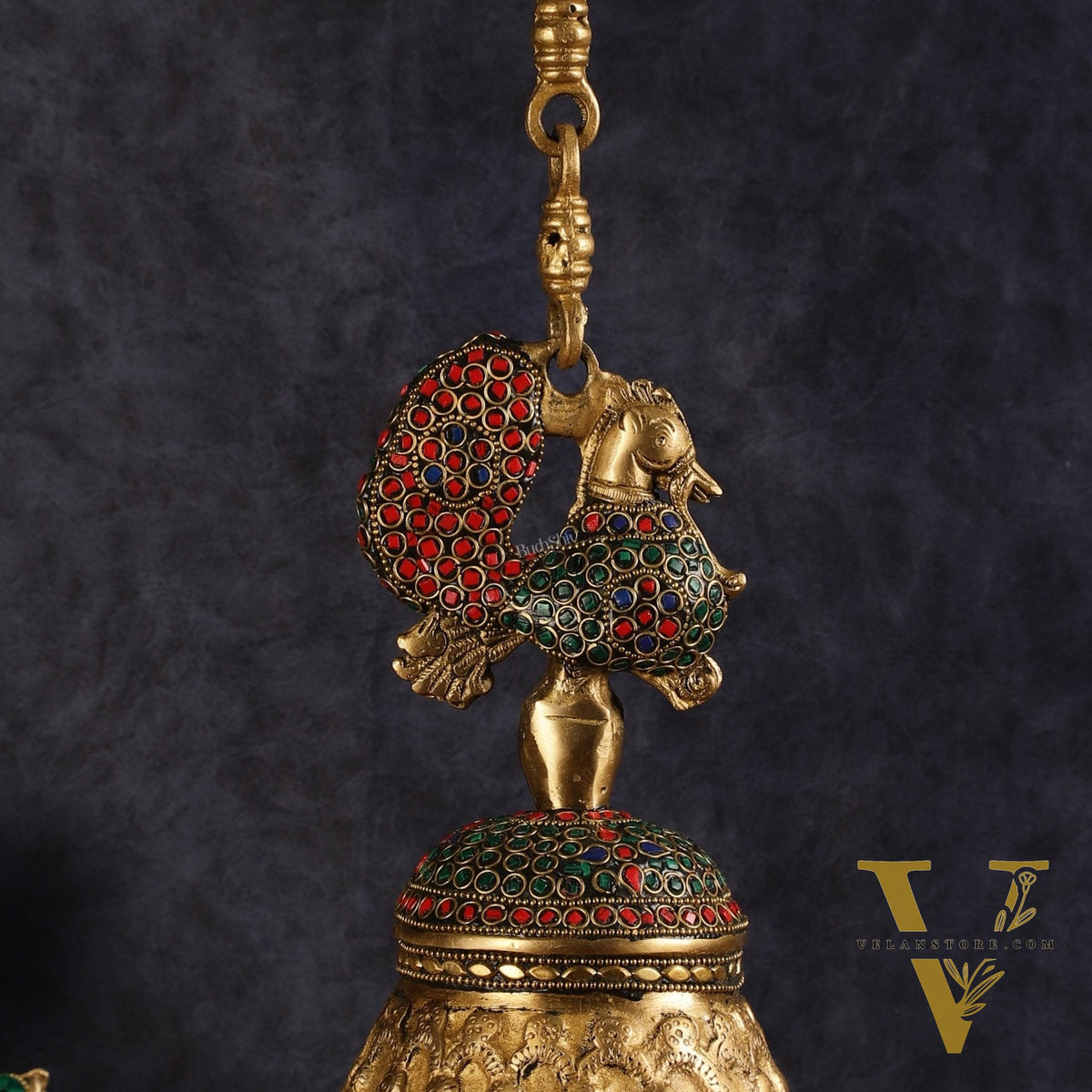 Superfine Brass Peacock Bell with Stonework | 8 inch Height