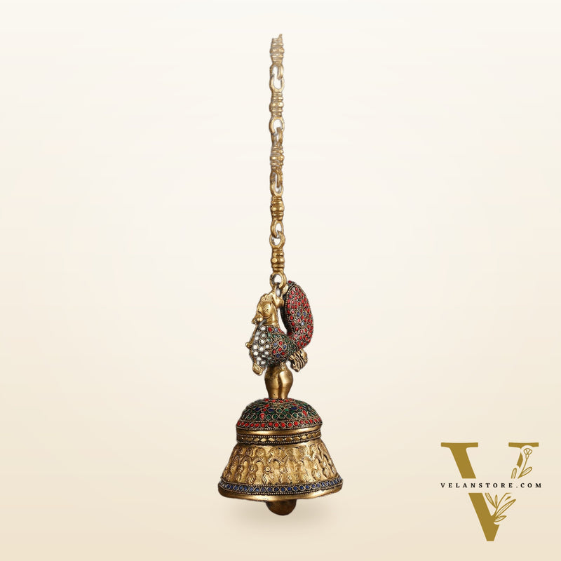 Superfine Brass Peacock Bell with Stonework | 8 inch Height
