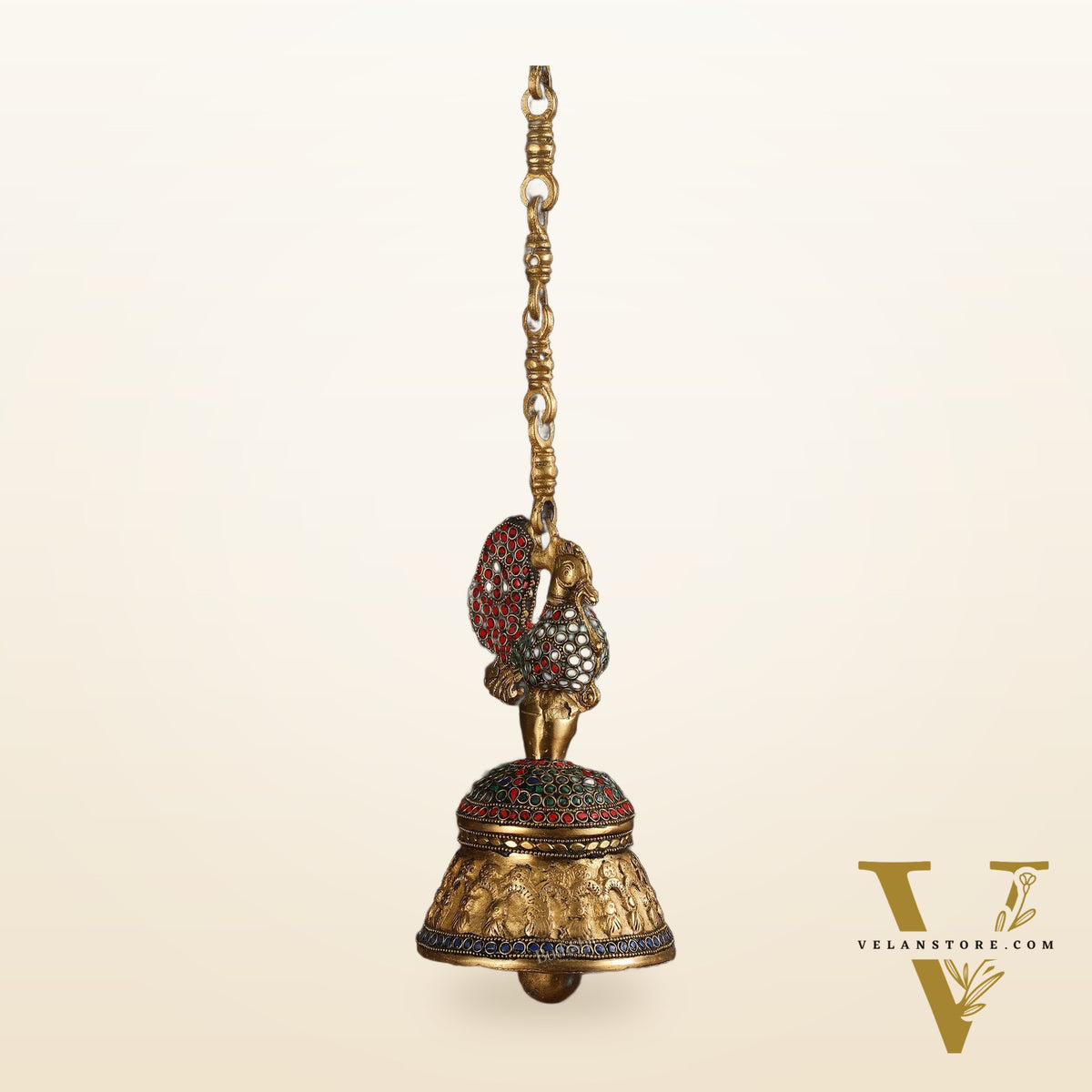 Superfine Brass Peacock Bell with Stonework | 8 inch Height
