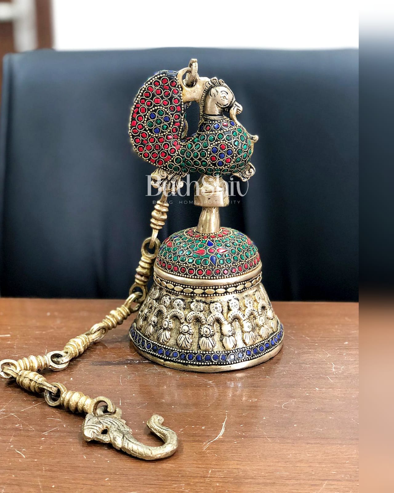 Superfine Brass Peacock Bell with Stonework | 8 inch Height