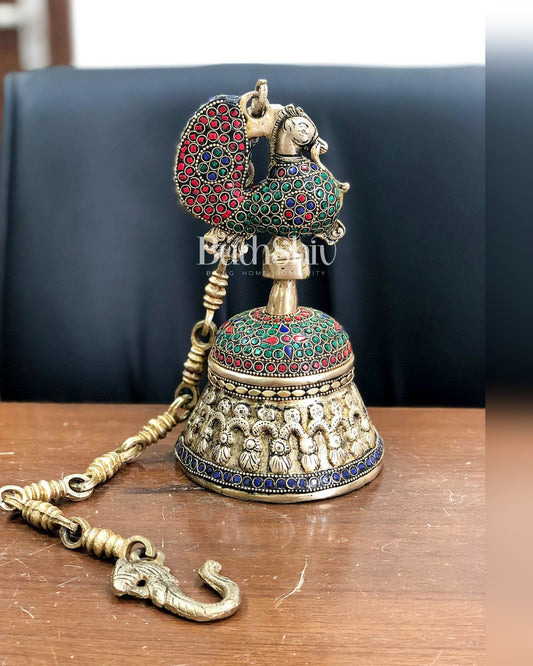 Superfine Brass Peacock Bell with Stonework | 8 inch Height