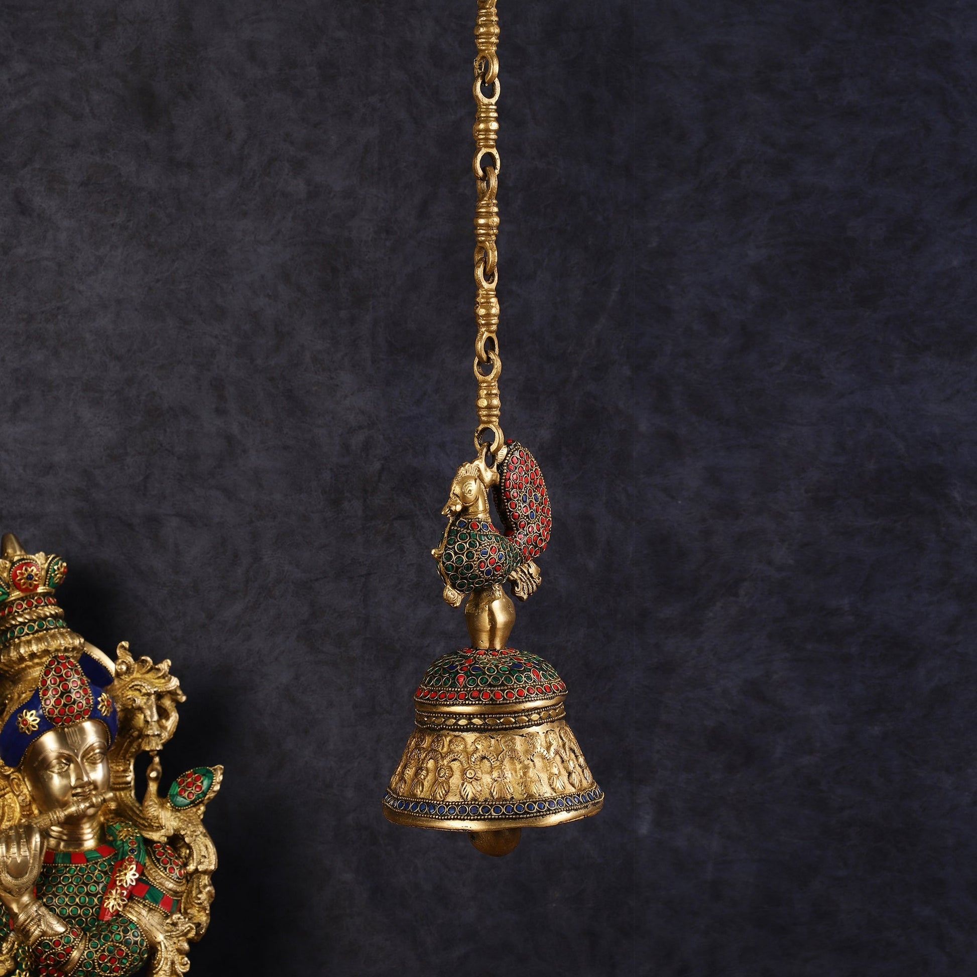 Superfine Brass Peacock Bell with Stonework | 8 inch Height