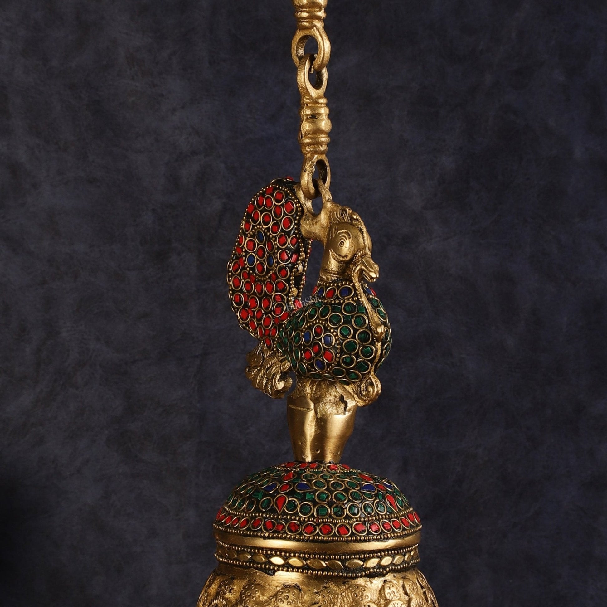 Superfine Brass Peacock Bell with Stonework | 8 inch Height