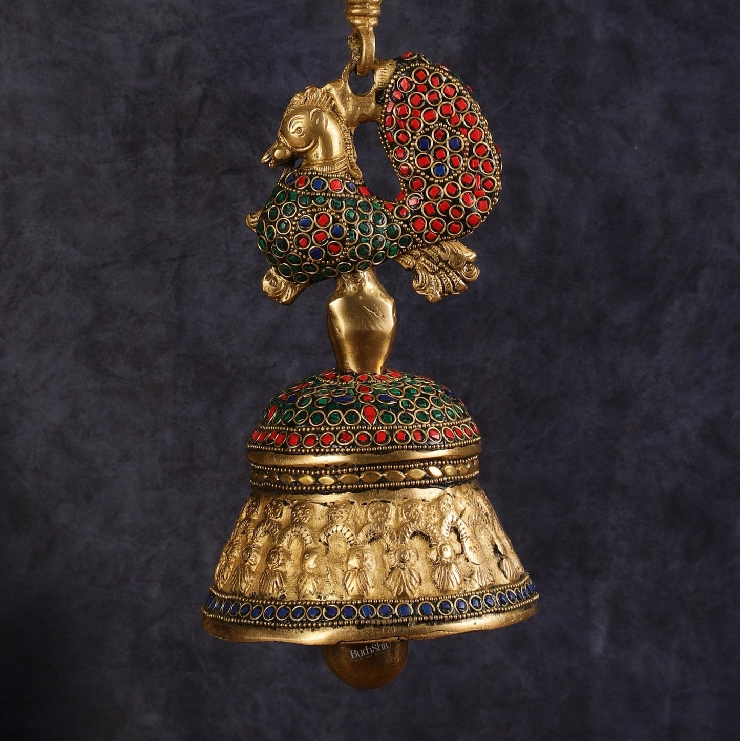 Superfine Brass Peacock Bell with Stonework | 8 inch Height