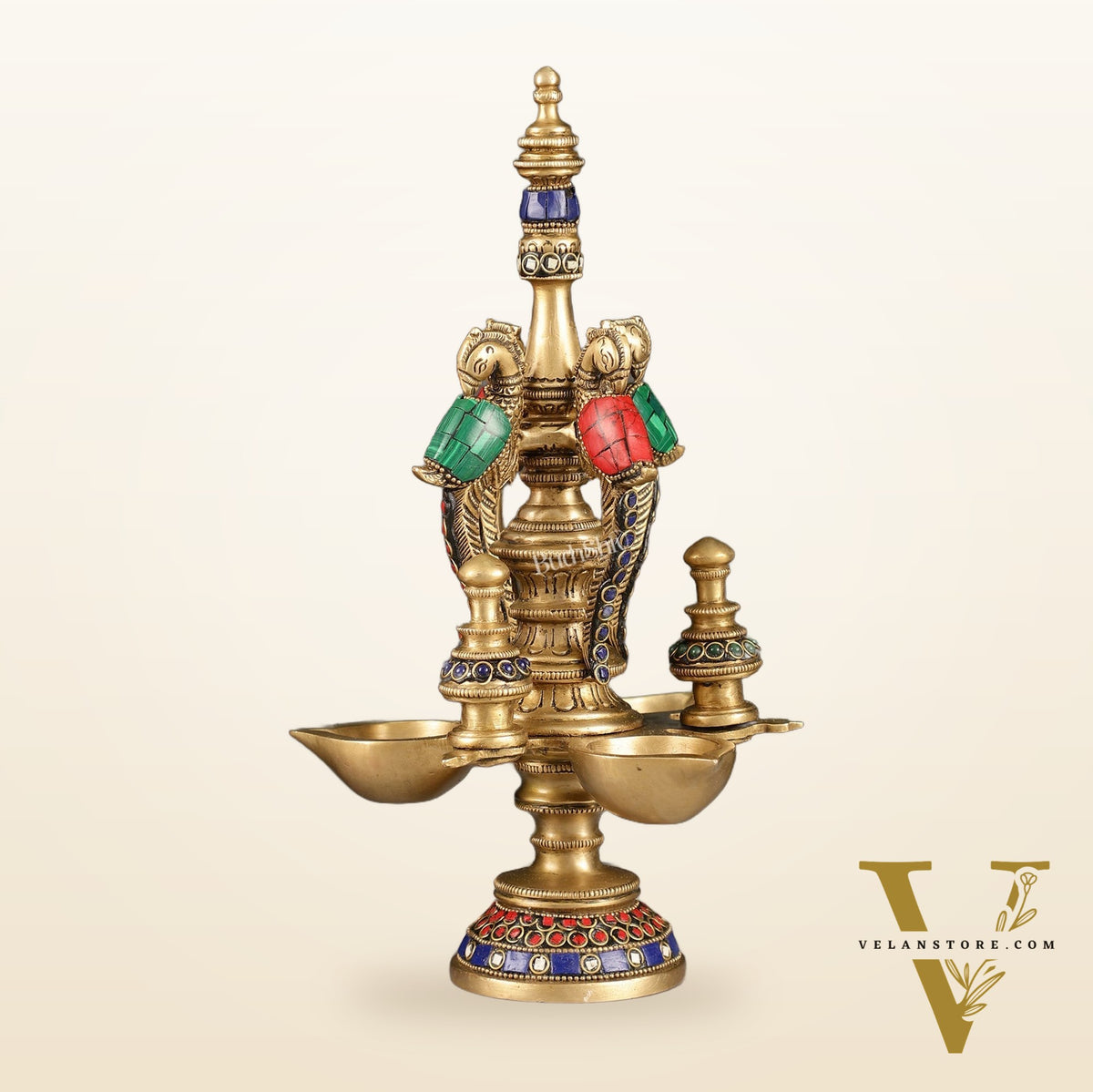 Superfine Brass Peacock Lamp with Stonework - 12in Height