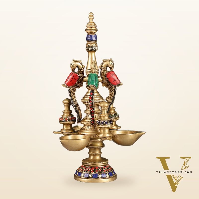 Superfine Brass Peacock Lamp with Stonework - 12in Height