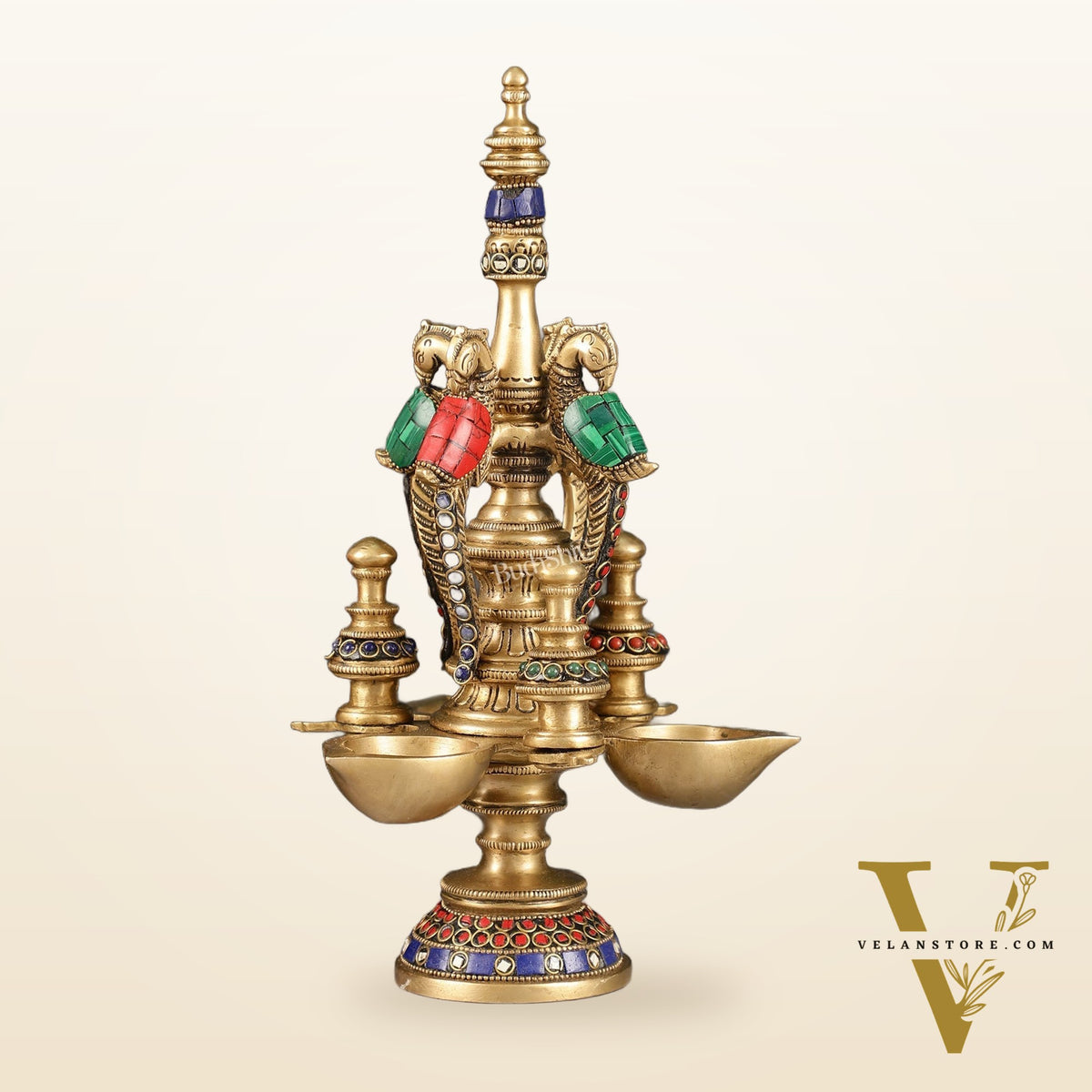 Superfine Brass Peacock Lamp with Stonework - 12in Height