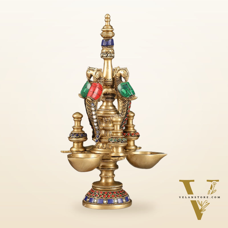 Superfine Brass Peacock Lamp with Stonework - 12in Height