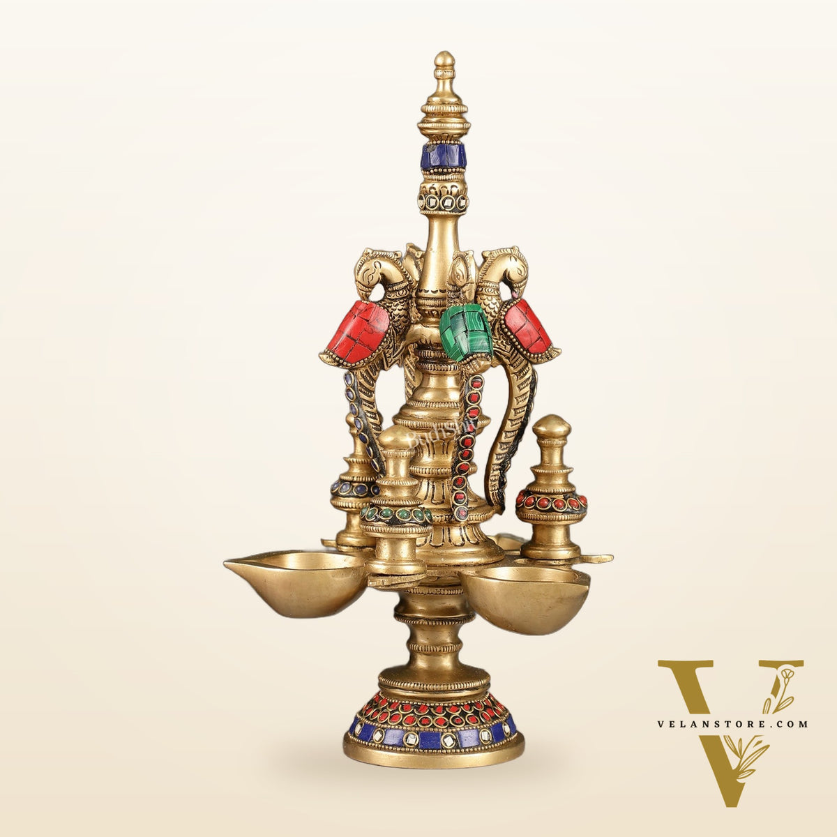 Superfine Brass Peacock Lamp with Stonework - 12in Height