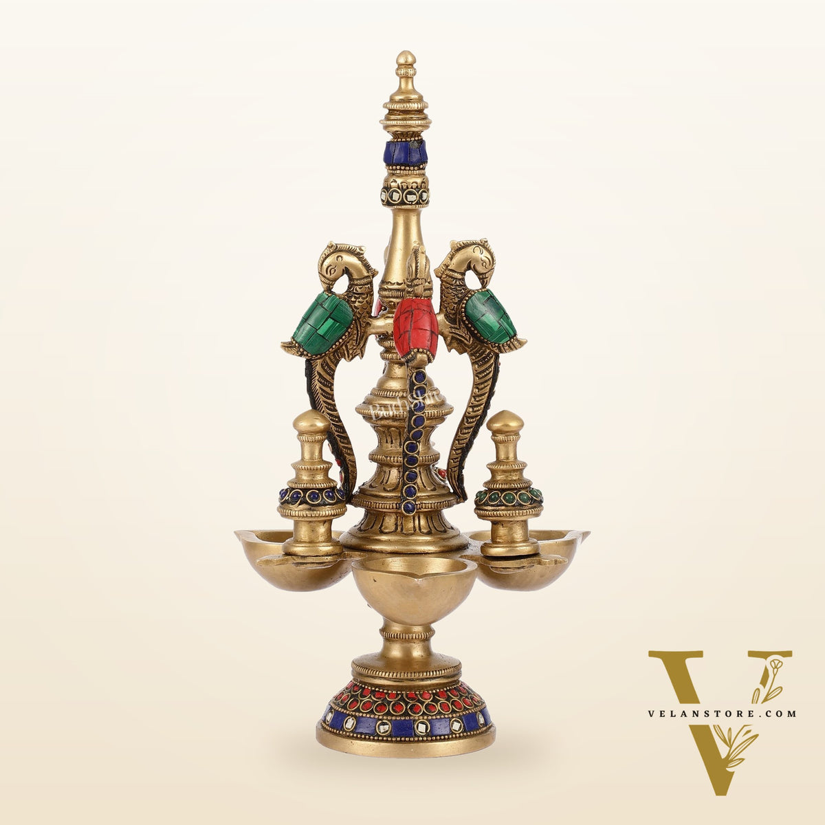 Superfine Brass Peacock Lamp with Stonework - 12in Height