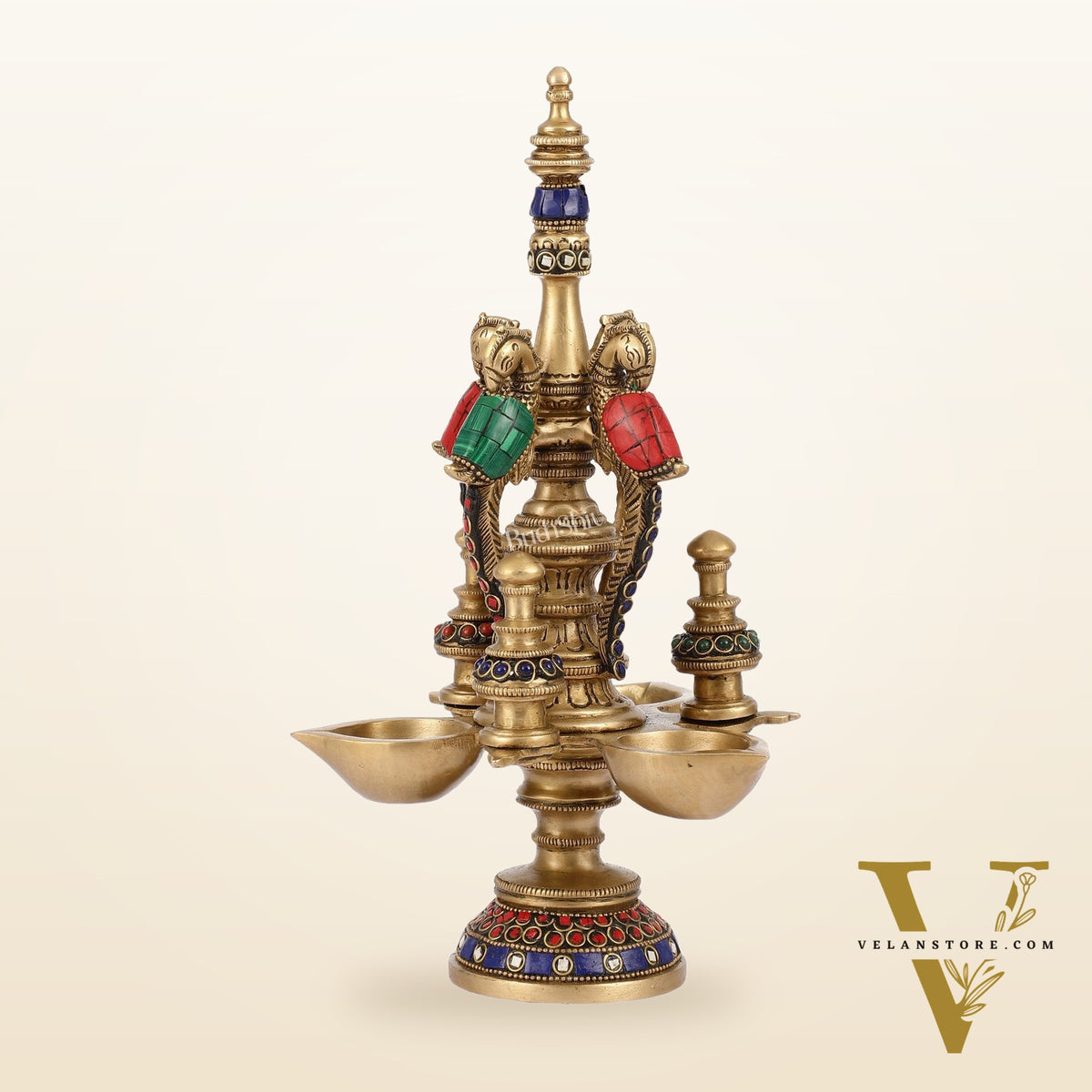 Superfine Brass Peacock Lamp with Stonework - 12in Height