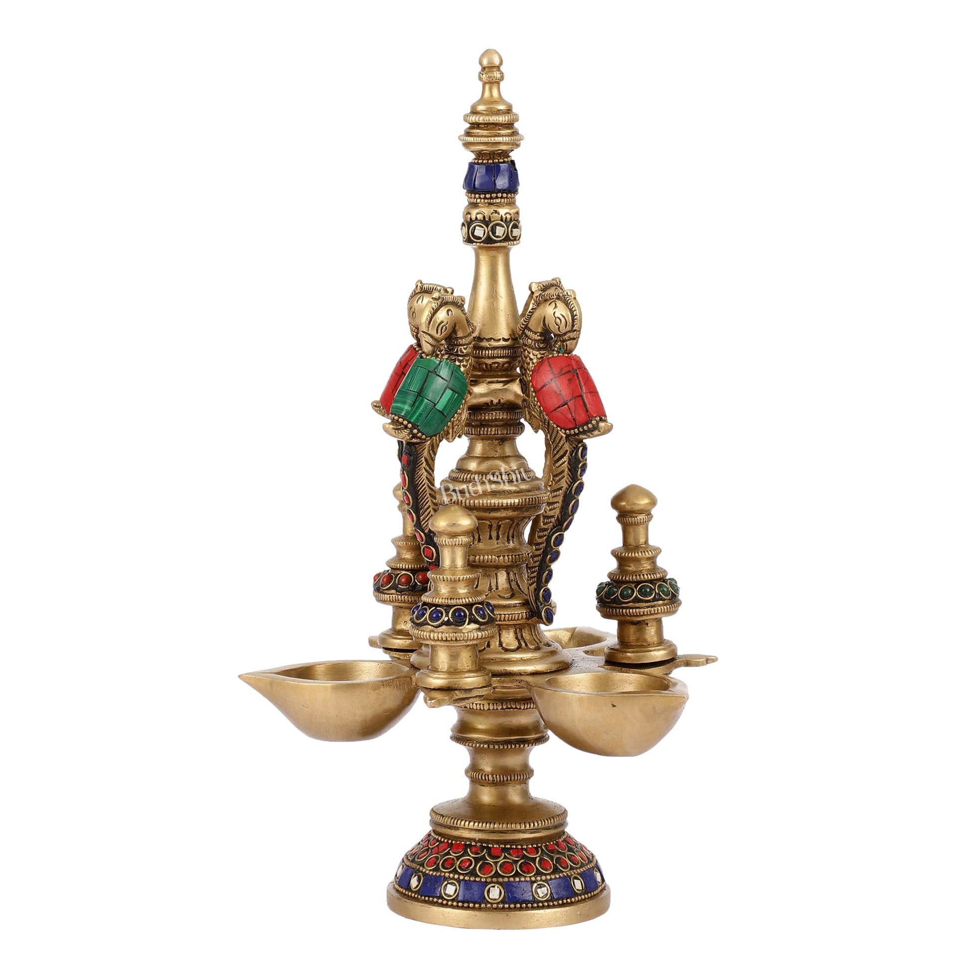 Superfine Brass Peacock Lamp with Stonework - 12in Height