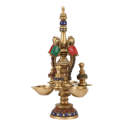 Superfine Brass Peacock Lamp with Stonework - 12in Height