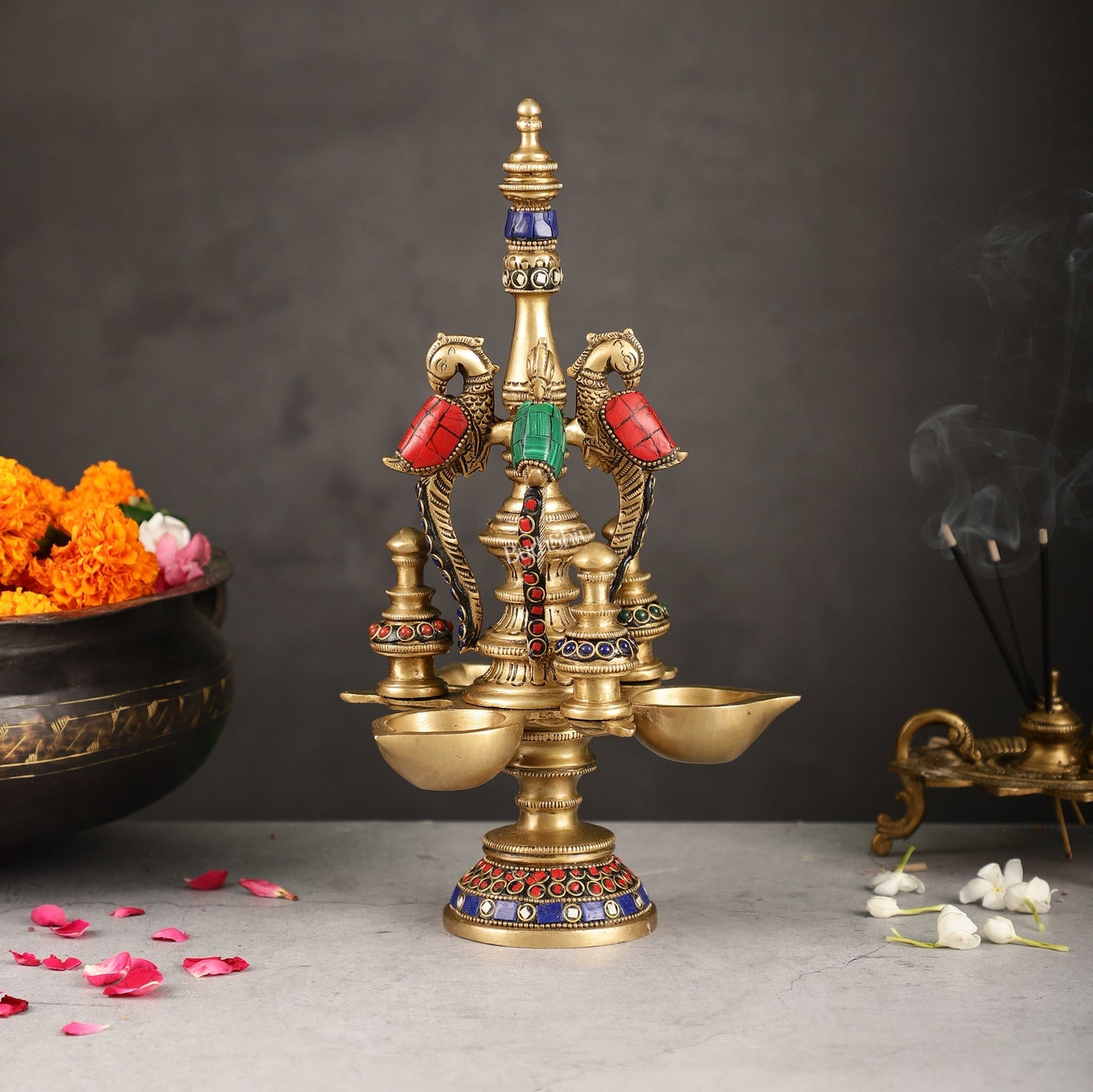 Superfine Brass Peacock Lamp with Stonework - 12in Height