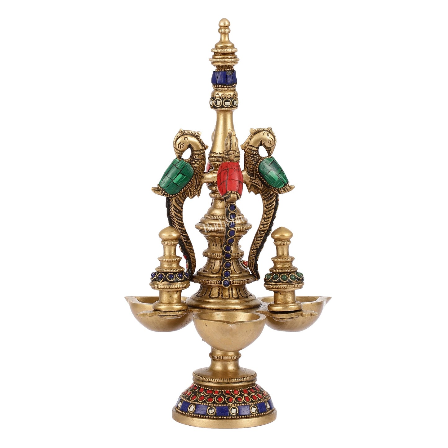 Superfine Brass Peacock Lamp with Stonework - 12in Height