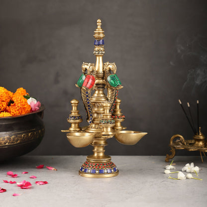 Superfine Brass Peacock Lamp with Stonework - 12in Height