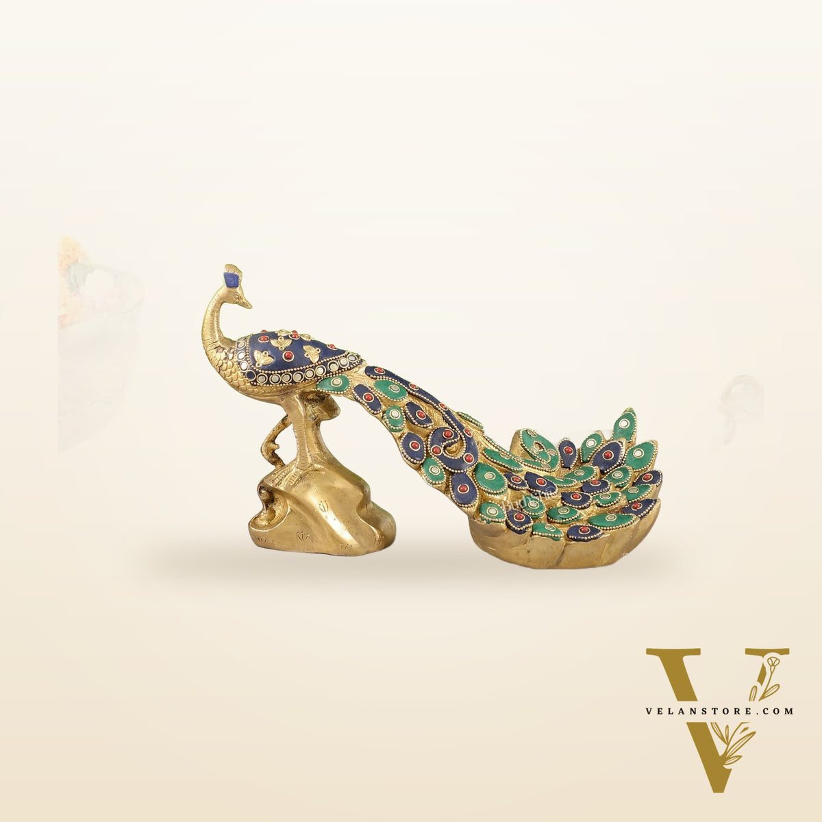 Superfine Brass Peacock Showpiece with Stonework 12 inch
