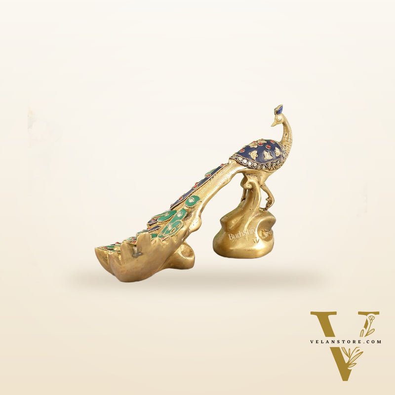 Superfine Brass Peacock Showpiece with Stonework 12 inch
