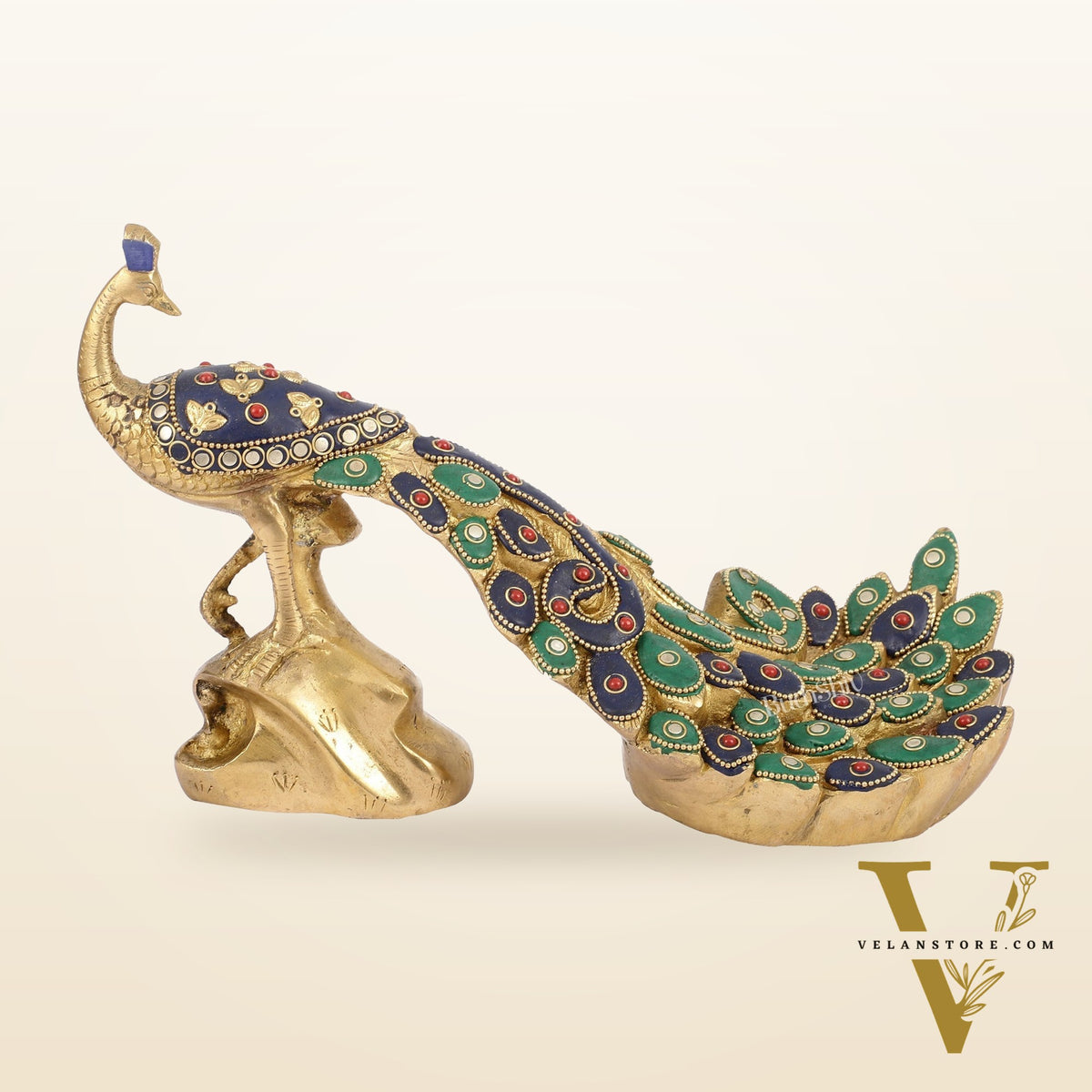 Superfine Brass Peacock Showpiece with Stonework 12 inch