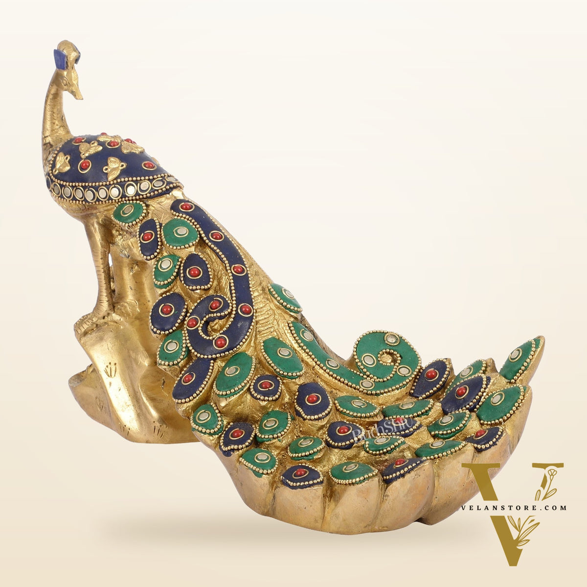Superfine Brass Peacock Showpiece with Stonework 12 inch