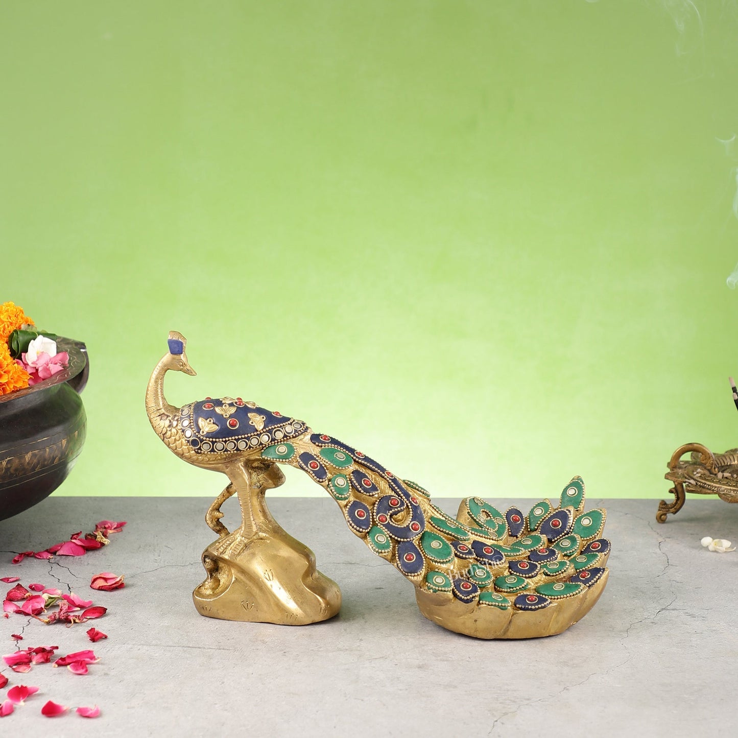 Superfine Brass Peacock Showpiece with Stonework 12 inch