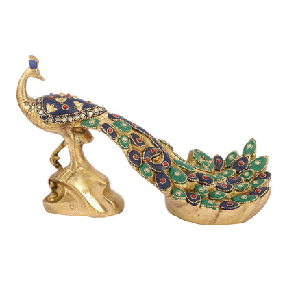 Superfine Brass Peacock Showpiece with Stonework 12 inch