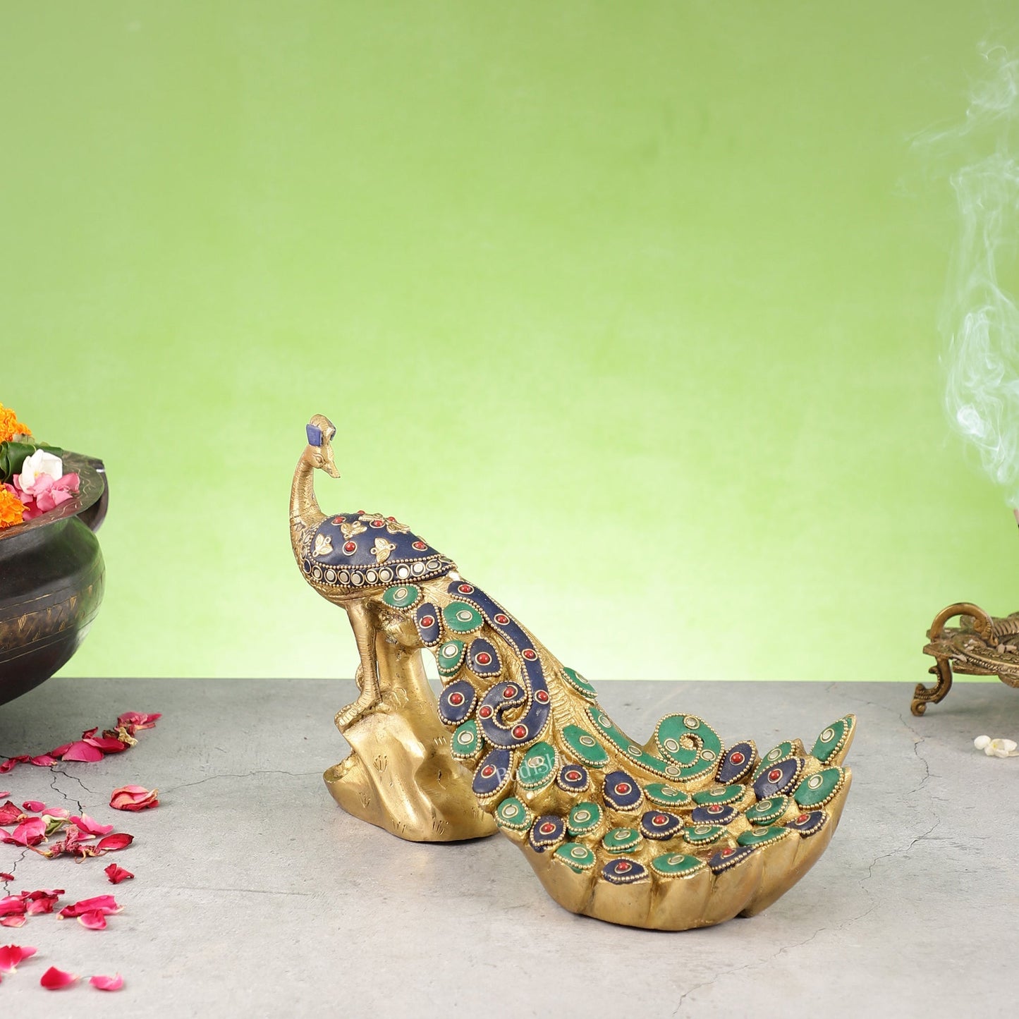 Superfine Brass Peacock Showpiece with Stonework 12 inch