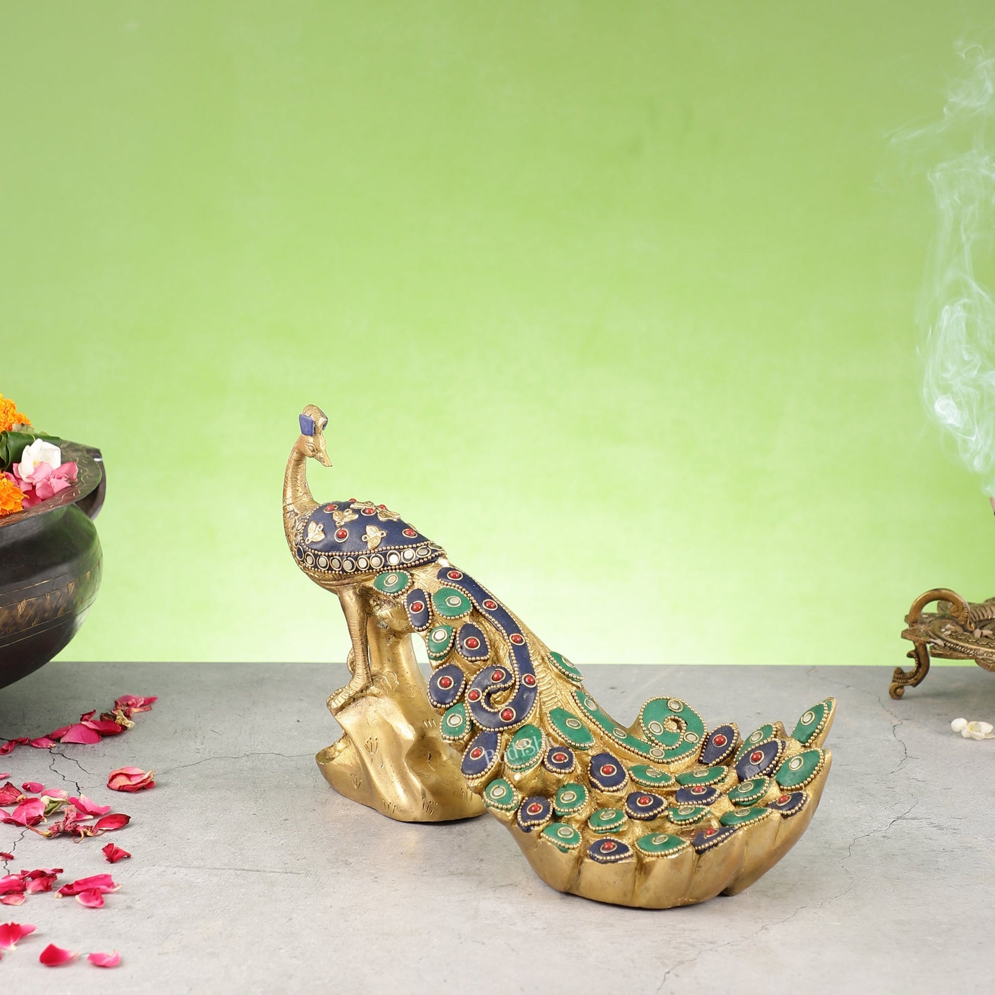 Superfine Brass Peacock Showpiece with Stonework 12 inch
