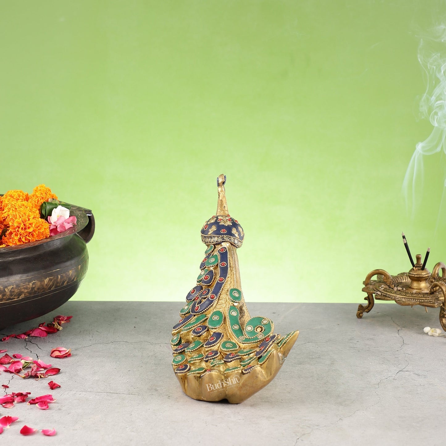 Superfine Brass Peacock Showpiece with Stonework 12 inch