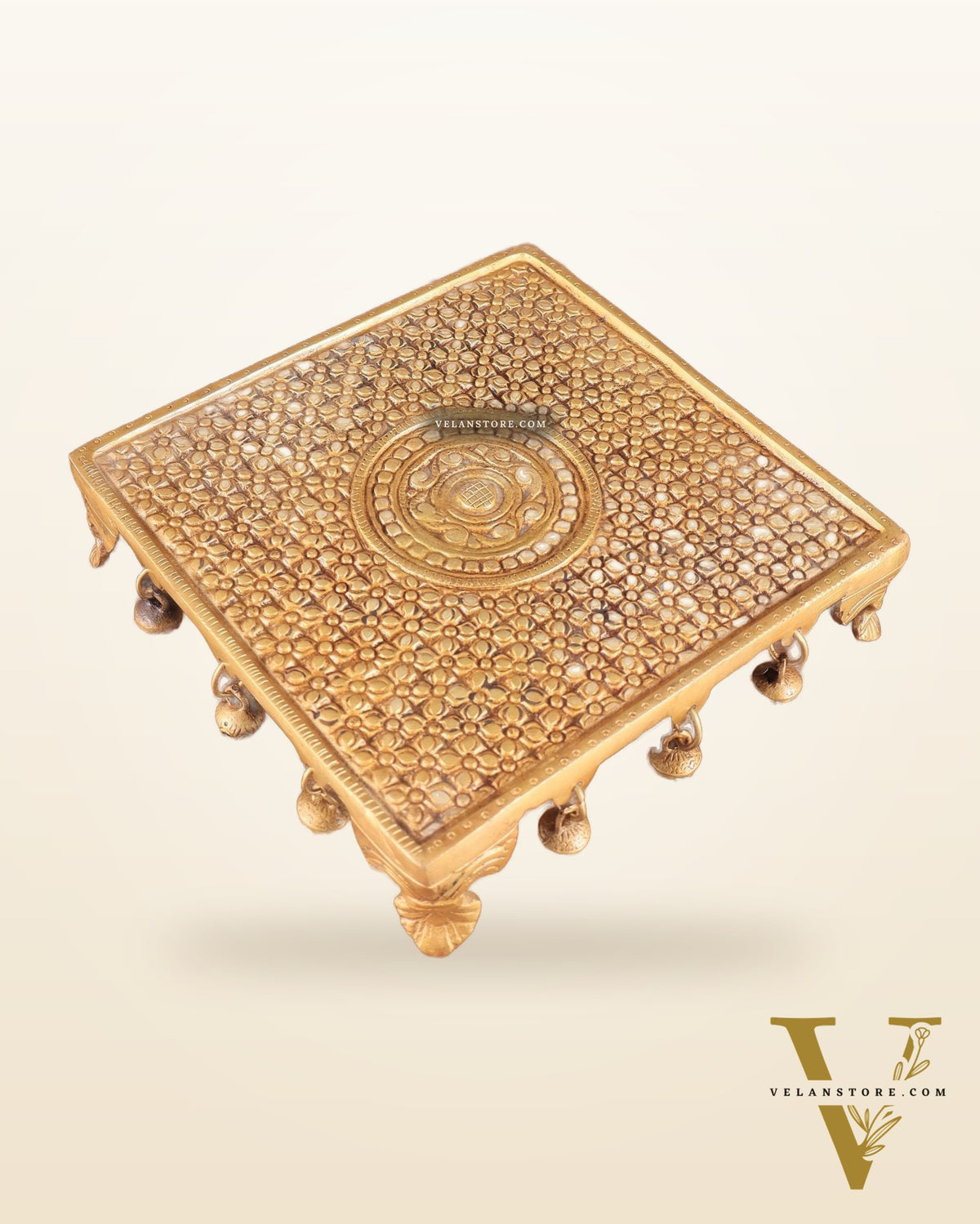 Superfine Brass Pooja Chowki Aasan with ghungroo for Temple - 8 x 8 inch