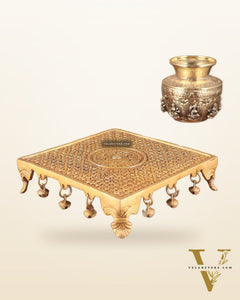 Superfine Brass Pooja Chowki Aasan with ghungroo for Temple - 8 x 8 inch