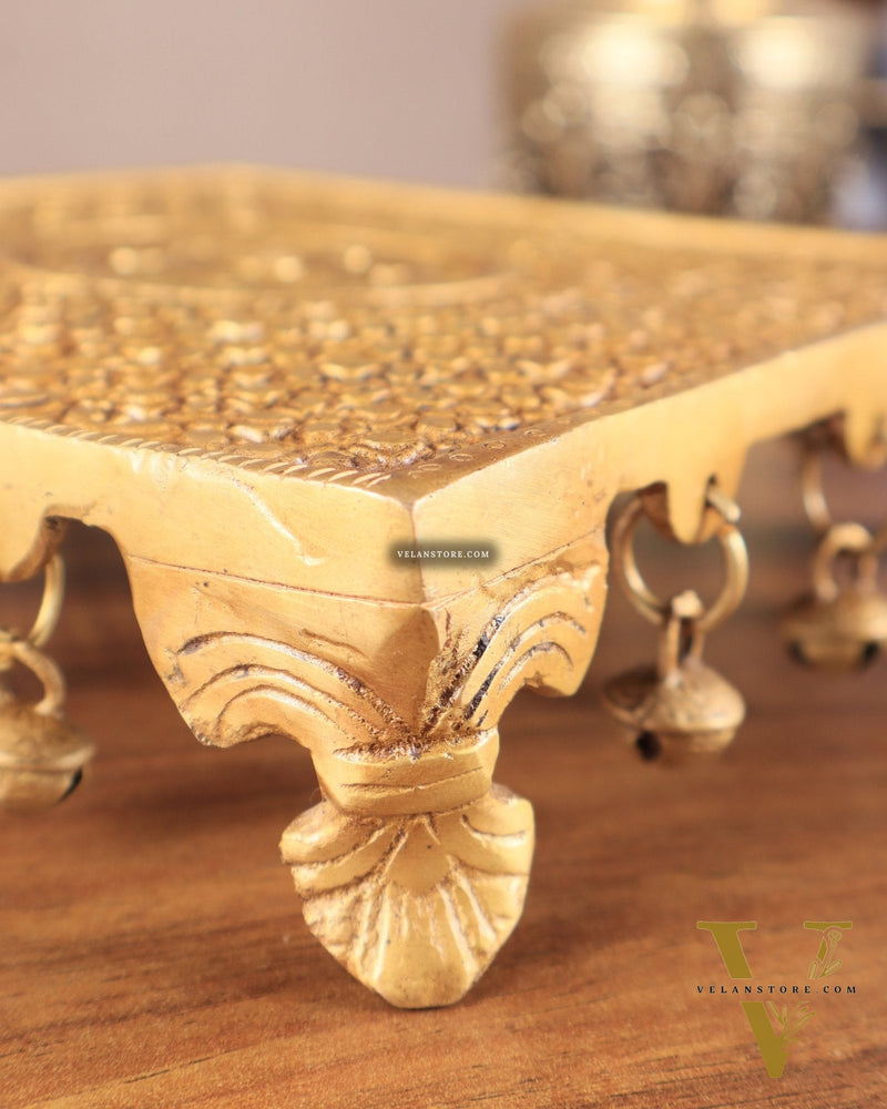 Superfine Brass Pooja Chowki Aasan with ghungroo for Temple - 8 x 8 inch