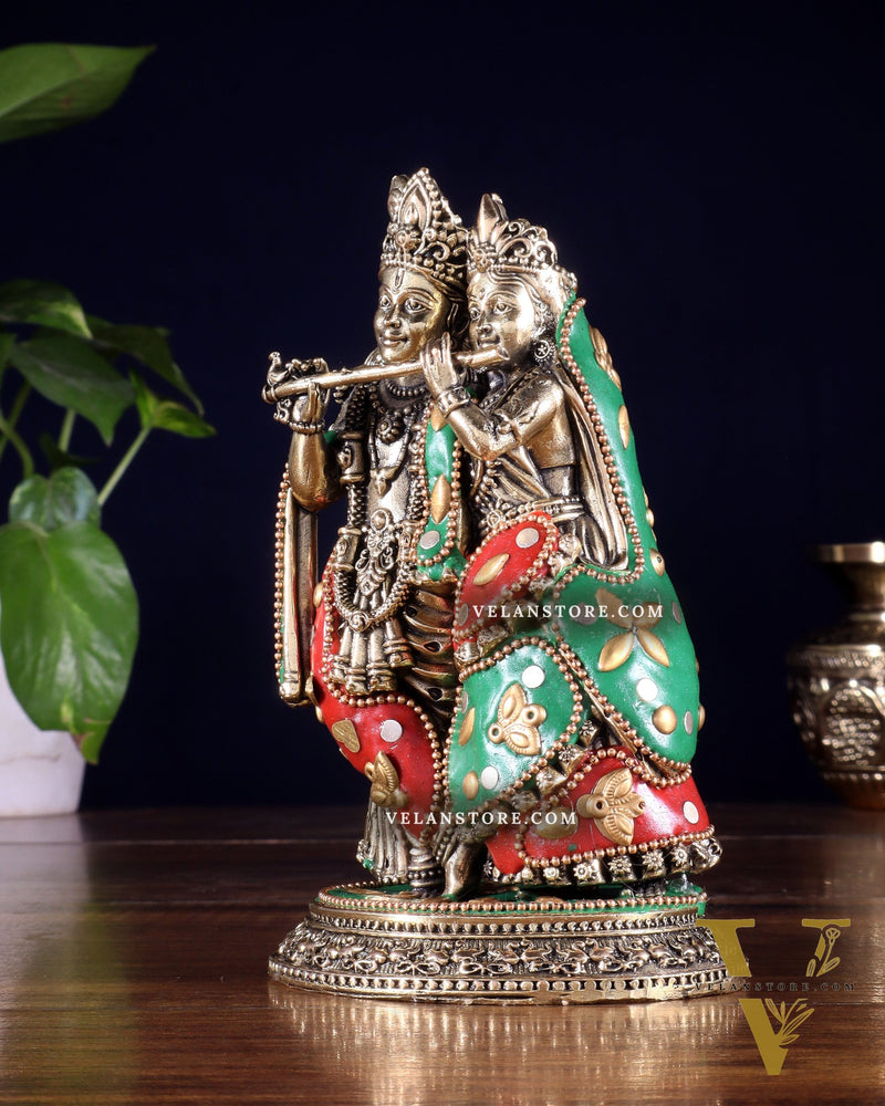 Superfine Brass Radha Krishna Idol - 6" with meenakari