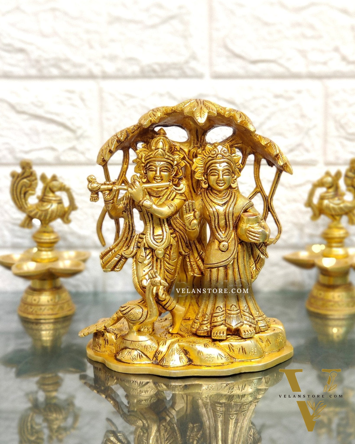 Superfine Brass Radha Krishna Idol - Under Kalpavriksha with Peacock 8 inch